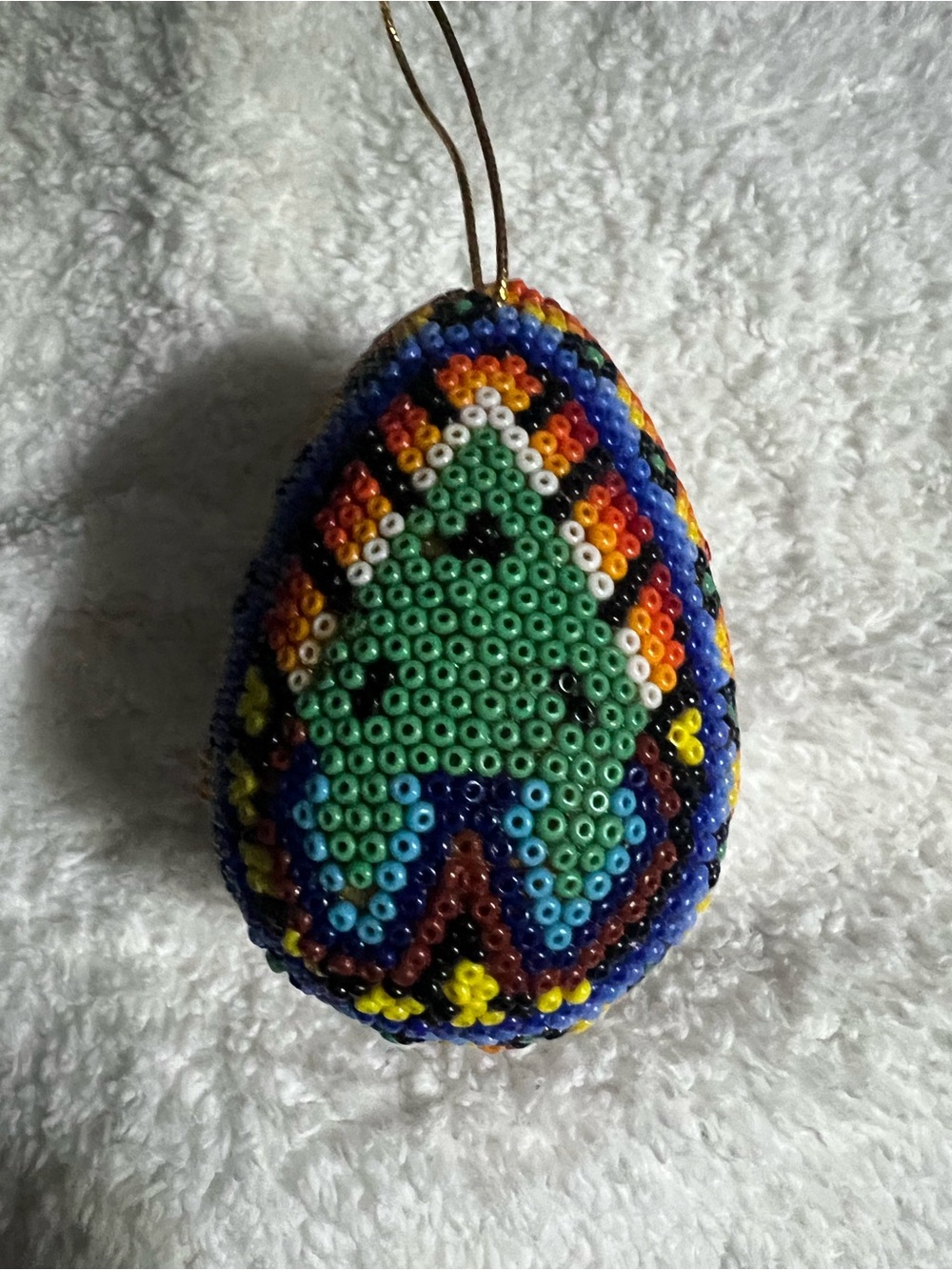Huichol Handcrafted Beaded Egg Ornament in Green and Blue